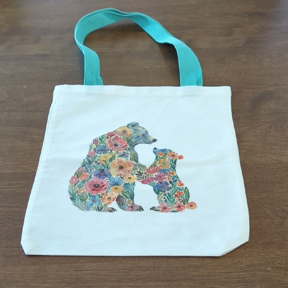 Floral Bear Canvas Tote Bag with Teal Handles - Picture 1 of 3